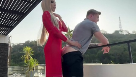Tall Asian blonde Ladyboy dominates and fuck with pornstar Magic Michel outdoor